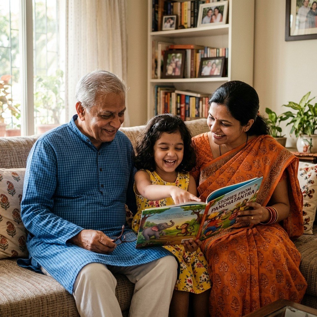 Grandfather, mother, and child happily reading a bilingual storybook together on a veranda.
