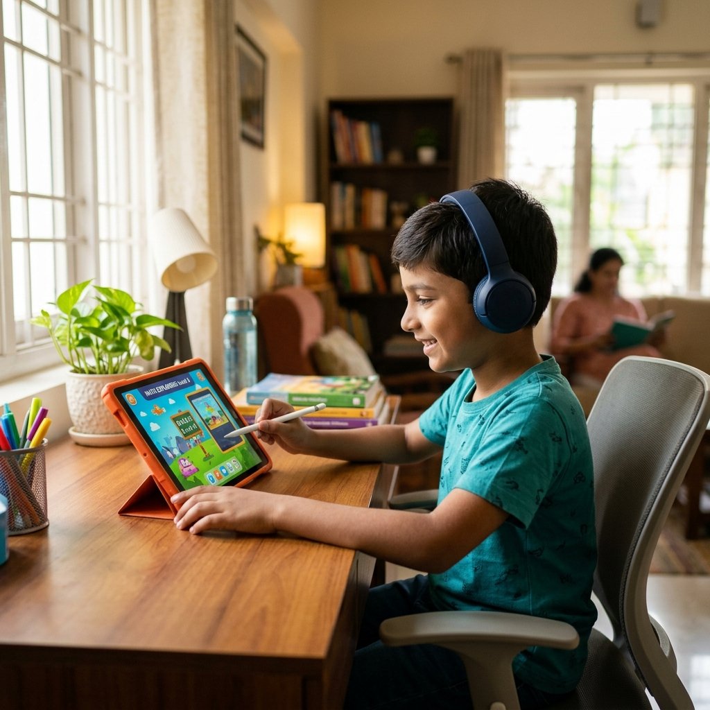 Child studying independently on tablet