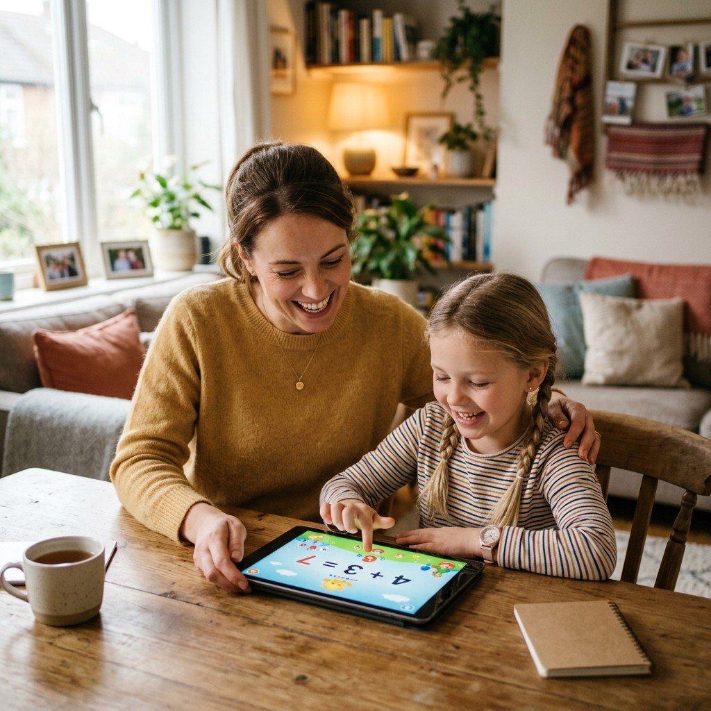 Mother and child exploring visual multiplication grid patterns on a tablet together at home.