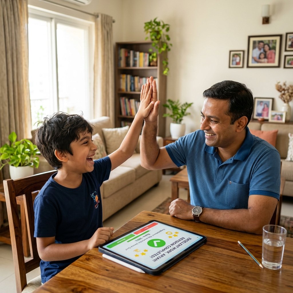 Child celebrating quiz success