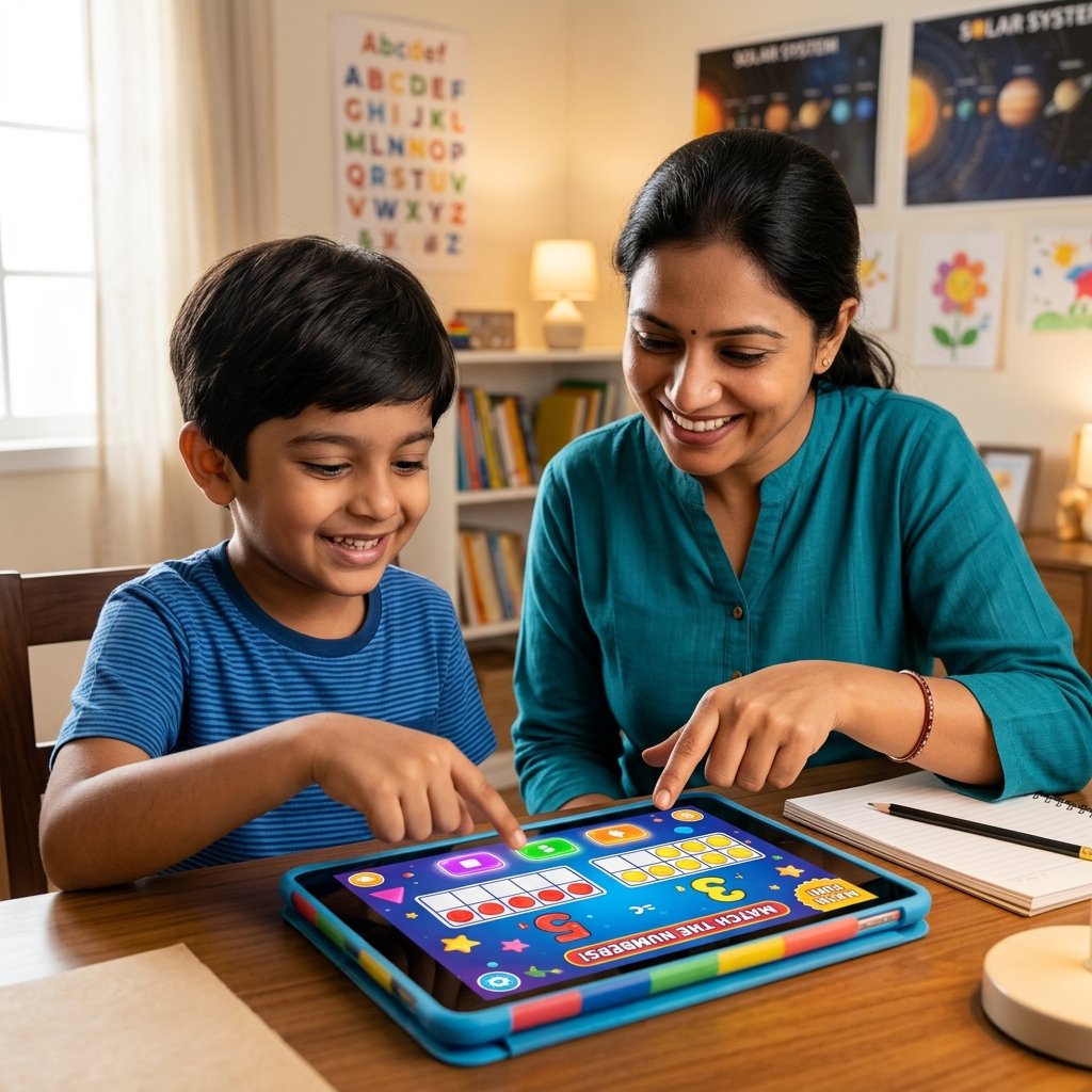 Child happily interacting with visual ten-frame math puzzle on tablet