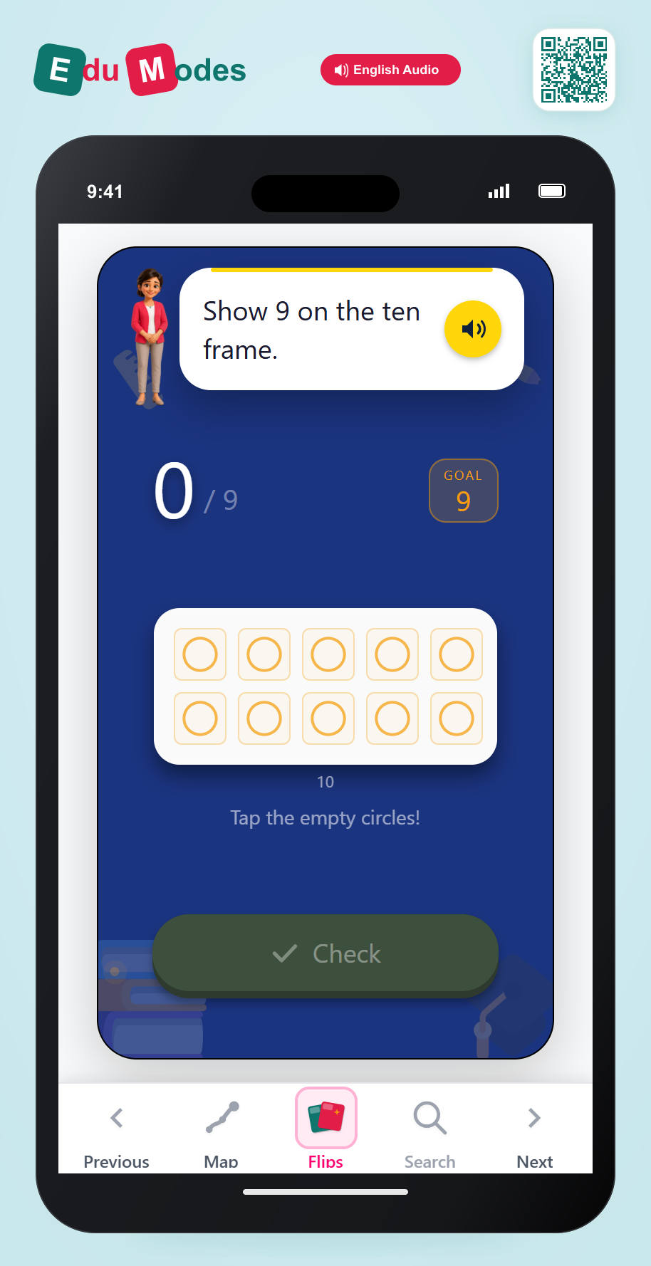 Show numbers on ten frames up to 10 - Show 9 Hearts - Interactive Learning Game Preview