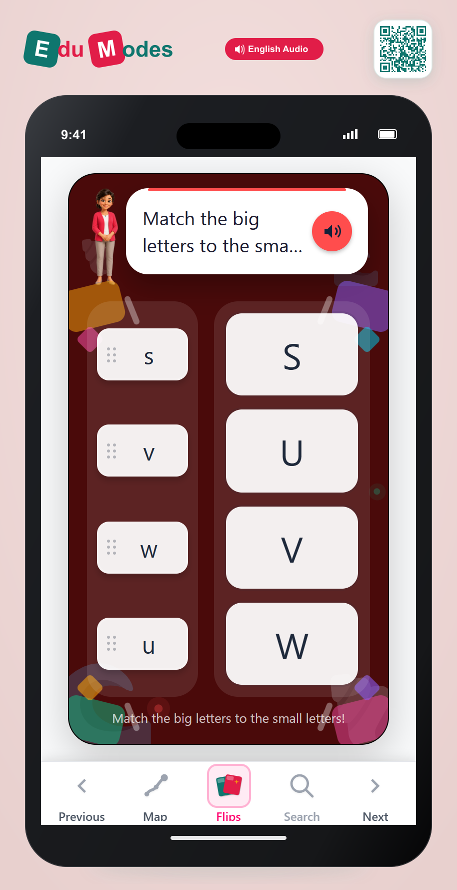 UKG Lowercase Letter Match: s, u, v, w - Interactive Learning Game Preview