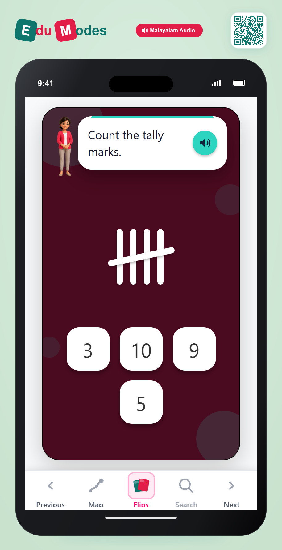 Tally marks - up to 10 - Flip 2 (Malayalam) - Interactive Learning Game Preview