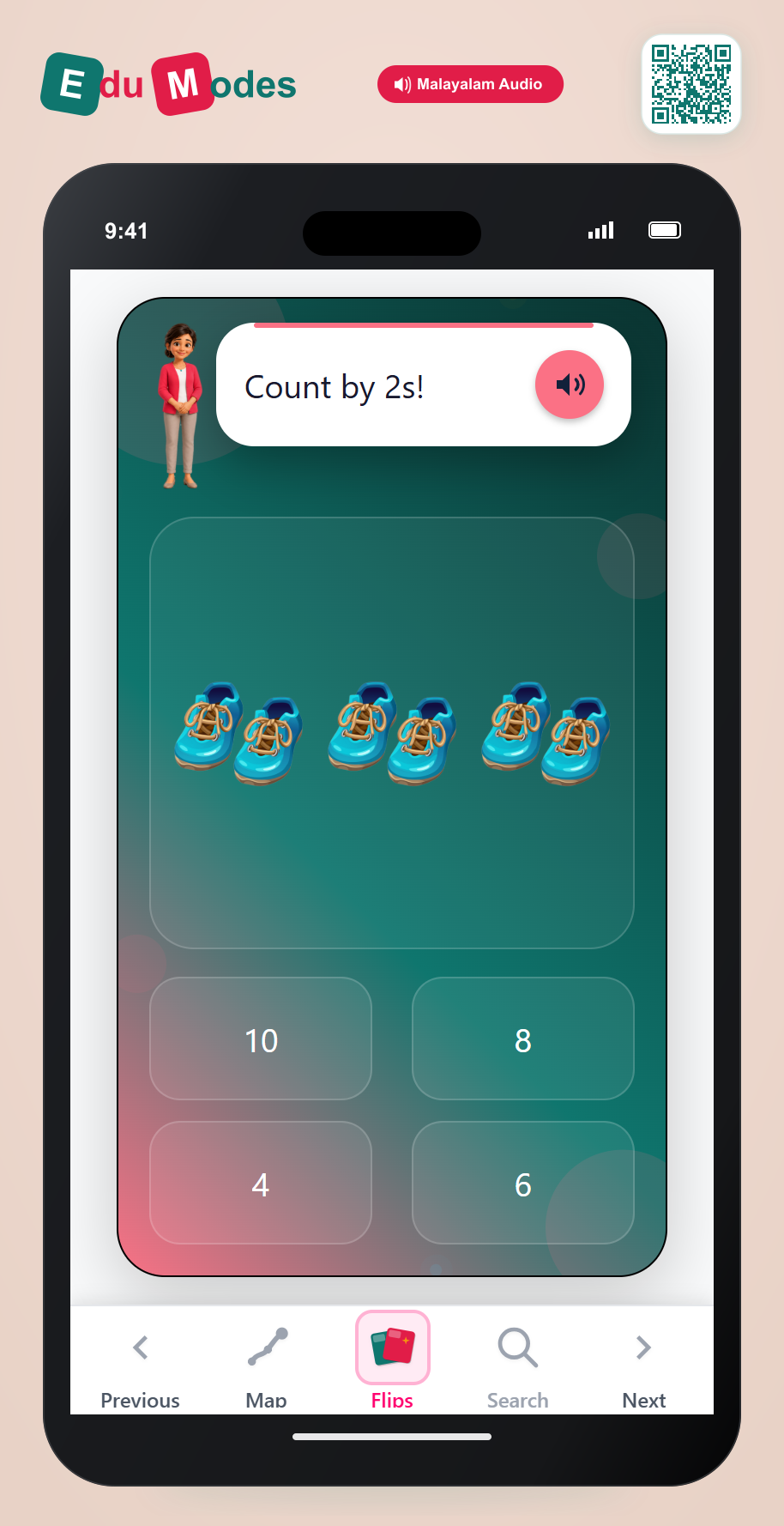 Count by 2s - 3 pair of shoess (Malayalam) - Interactive Learning Game Preview