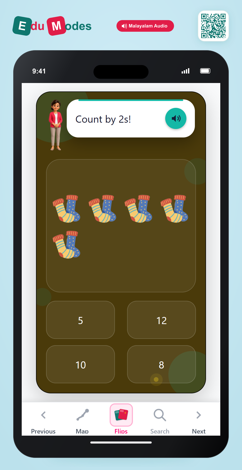 Count by 2s - 5 pair of sockss (Malayalam) - Interactive Learning Game Preview