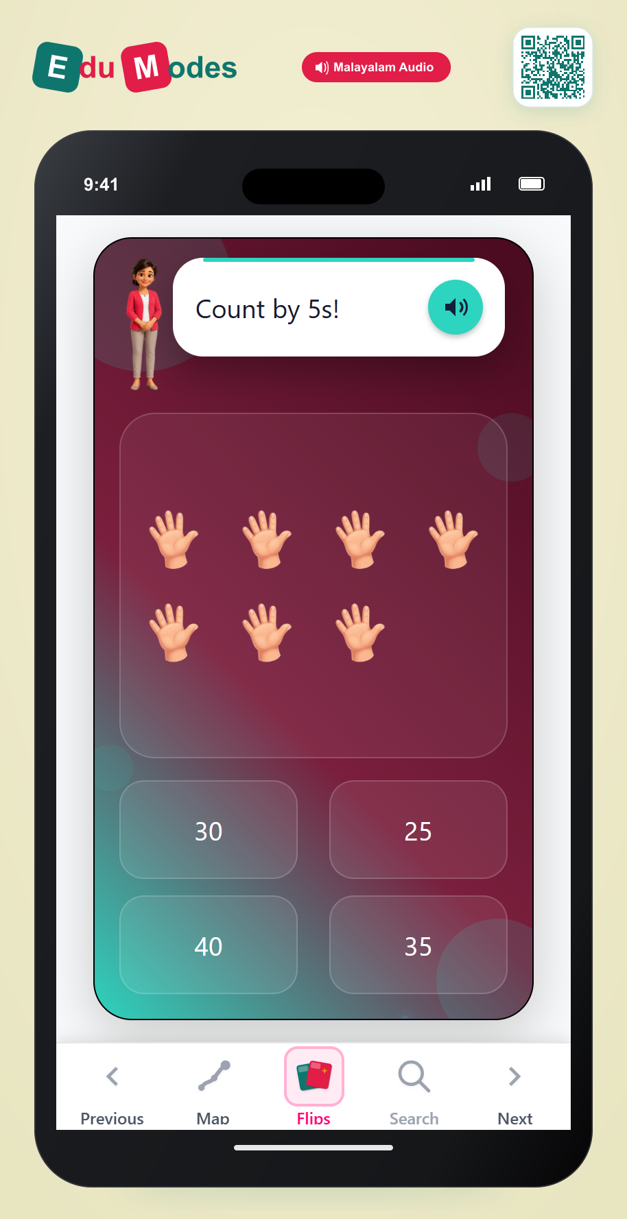 Count by 5s - 7 hands (Malayalam) - Interactive Learning Game Preview