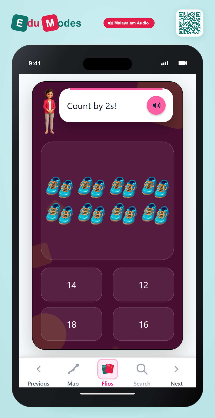 Count by 2s - 8 pair of shoess (Malayalam) - Interactive Learning Game Preview