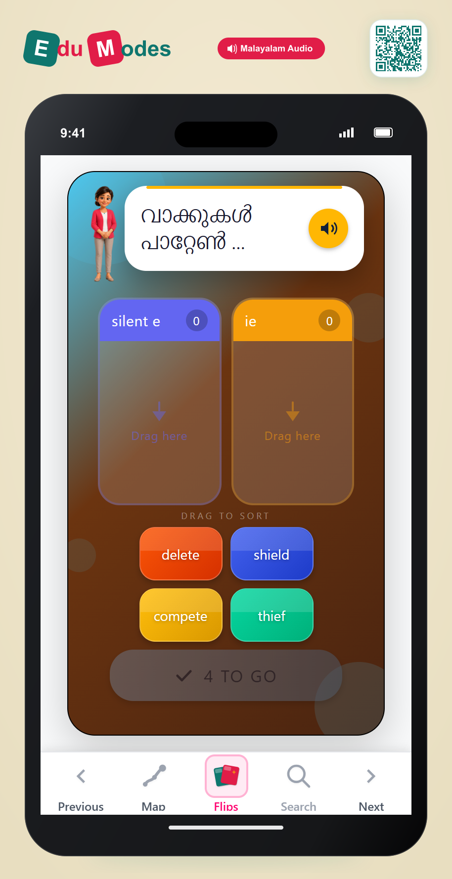 Sort Long E Words: Silent e and ie (Malayalam) - Interactive Learning Game Preview
