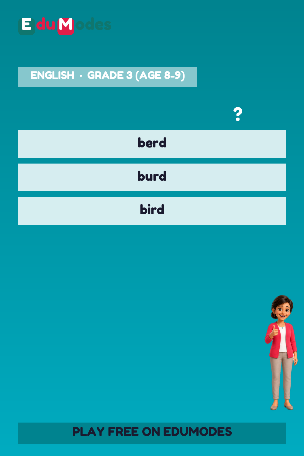 Spell words with r vowel patterns - ER/IR/UR Mix (Malayalam) - Interactive Learning Game Preview