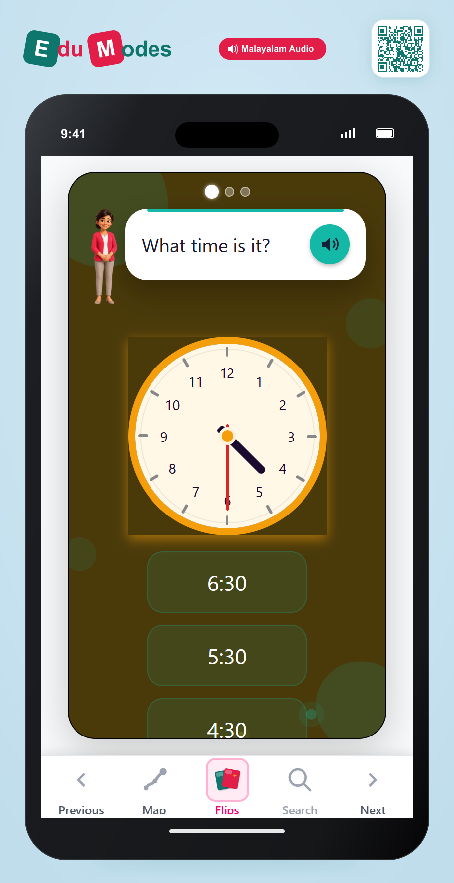 Match analogue clocks and times - Read half past (Malayalam) - Interactive Learning Game Preview