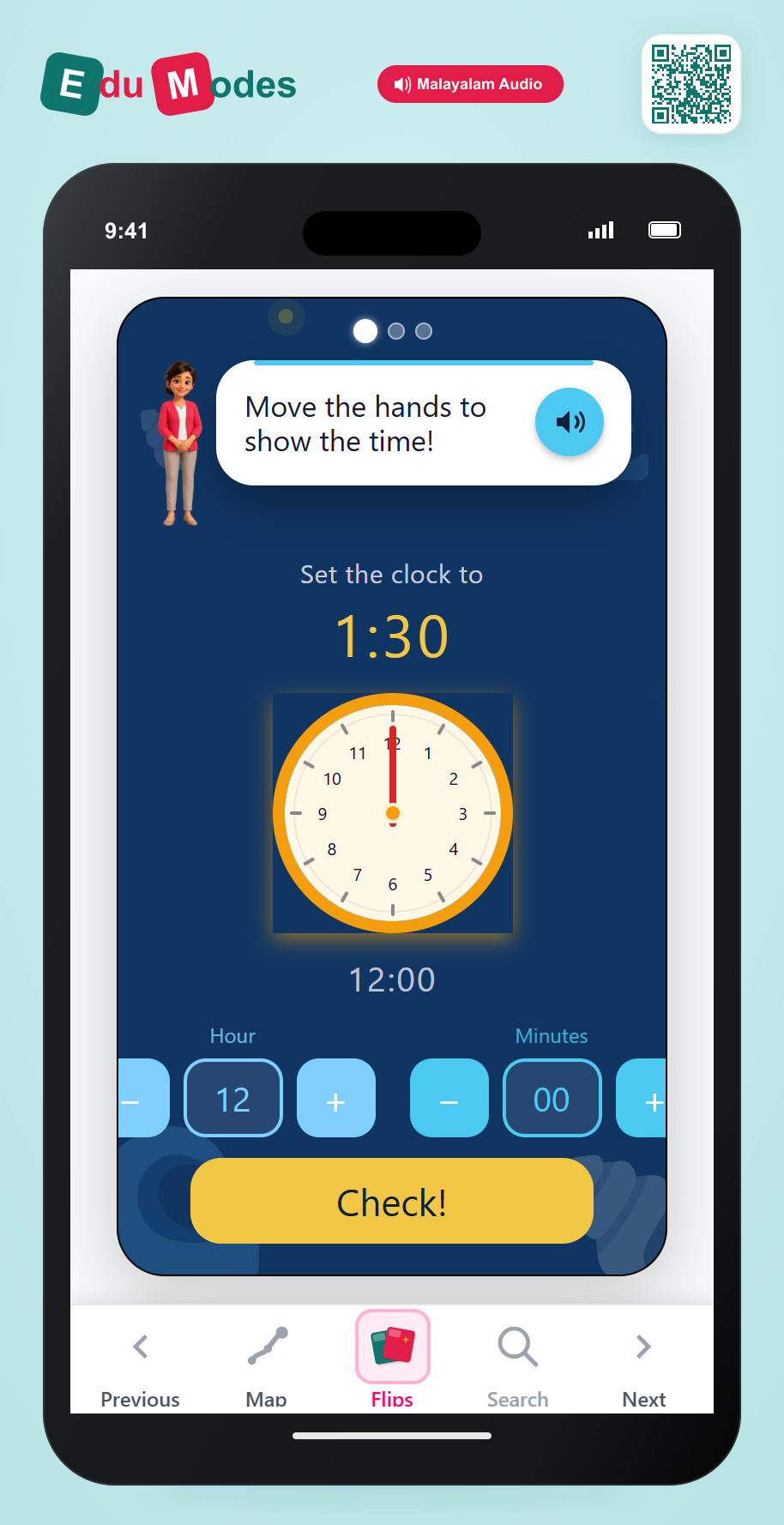 Match analogue clocks and times - Set half past (Malayalam) - Interactive Learning Game Preview
