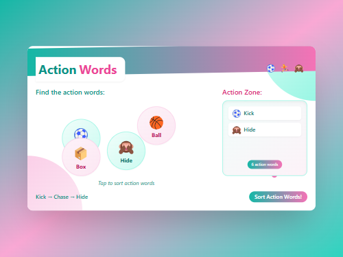Sort the Action Words: Kick, Hide