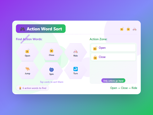 Sort the Action Words: Open, Jump