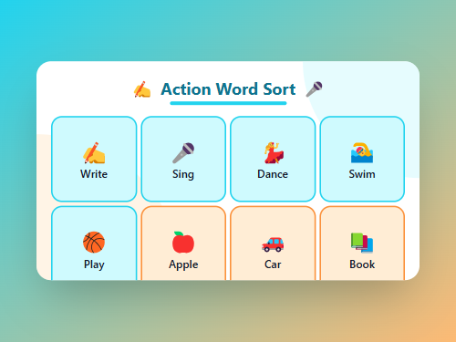 Sort the Action Words: Write, Sing