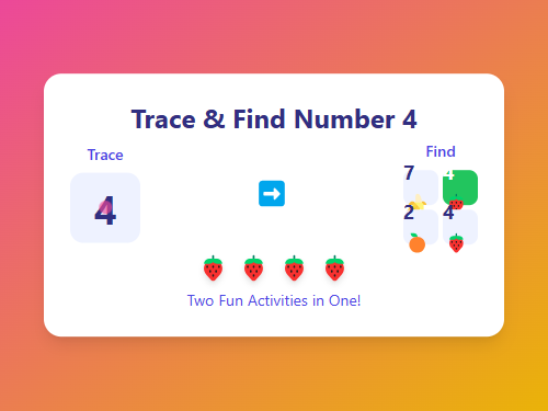 Trace and Find Number 4 with Strawberries